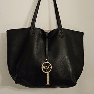 BCBG Reversible Faux Leather Black/ Tan Logo Tote Bag 18"x12" Gold Accents